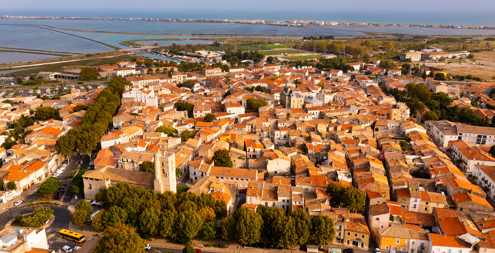 Scenic aerial cityscape of town Frontignan, southern France